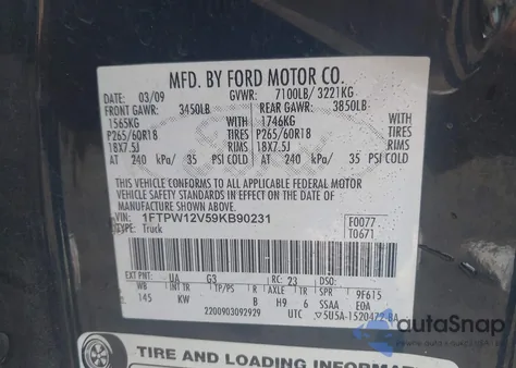 2009 Ford F-150 King Ranch/Lariat/Platinum/Xl/Xlt from USA, damaged, VIN 1FTPW12V59KB90231